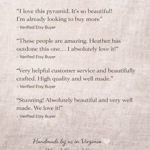 May include: A beige background with customer reviews and the text "Real Customer Reviews." The testimonials use phrases like "beautiful," "amazing," and "helpful customer service." The bottom of the image says "Handmade by us in Virginia Wired Crystal Store."