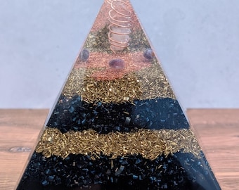 Orgonite Pyramid with Amethyst, Shungite, Quartz, Copper & Brass | Handmade Crystal Decor for EMF-Aware Homes and Offices