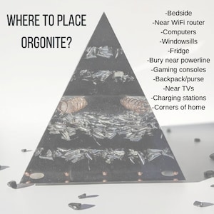 May include: A black orgonite pyramid with embedded metal and copper coils. The text "WHERE TO PLACE ORGONITE?" is at the top left. The right side lists locations such as bedside, near WiFi routers, and charging stations.