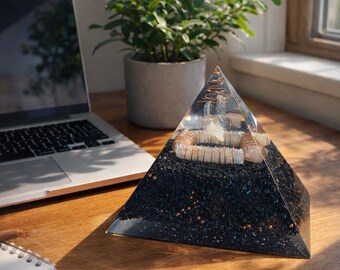 Large Orgonite Pyramid – Selenite Quartz Pyramid – Copper Orgonite Desk Decor – Resin Pyramid Gift