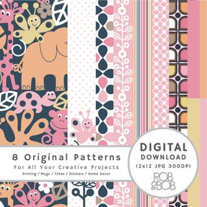 Digital Paper Pack – Baby Zoo Animals, Jungle Flora, Modern Geometric Designs – Scrapbooking, Crafts, Cards, Baby Decor, Party Decor