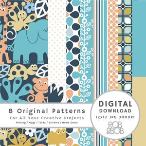 Digital Paper Pack – Baby Zoo Animals, Jungle Flora, Modern Geometric Designs – Scrapbooking, Crafts, Cards, Baby Decor, Party Decor