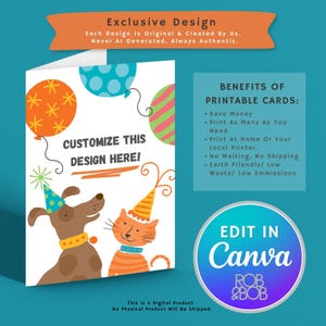 Cartão de aniversário para cachorro e gato para imprimir | Download instantâneo, cartão engraçado para animais de estimação, aniversário de cachorro, aniversário de gato, senhora dos gatos, mãe de cachorro, cartão para amantes de animais