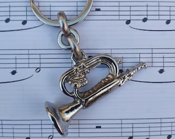 Bugle keychain. Silver bugle ideal as a gift. Bugle musical instrument keychain