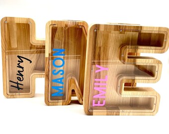 Personalised Wooden Letter Piggy Bank: Large Size, Ash Wood Money Box, Custom Name