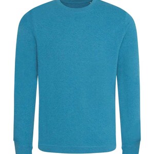 May include: A solid turquoise crew neck sweatshirt with long sleeves. The sweatshirt has a classic, casual design, suitable for everyday wear. The fabric appears to have a slight heathered texture, adding visual interest to the garment.