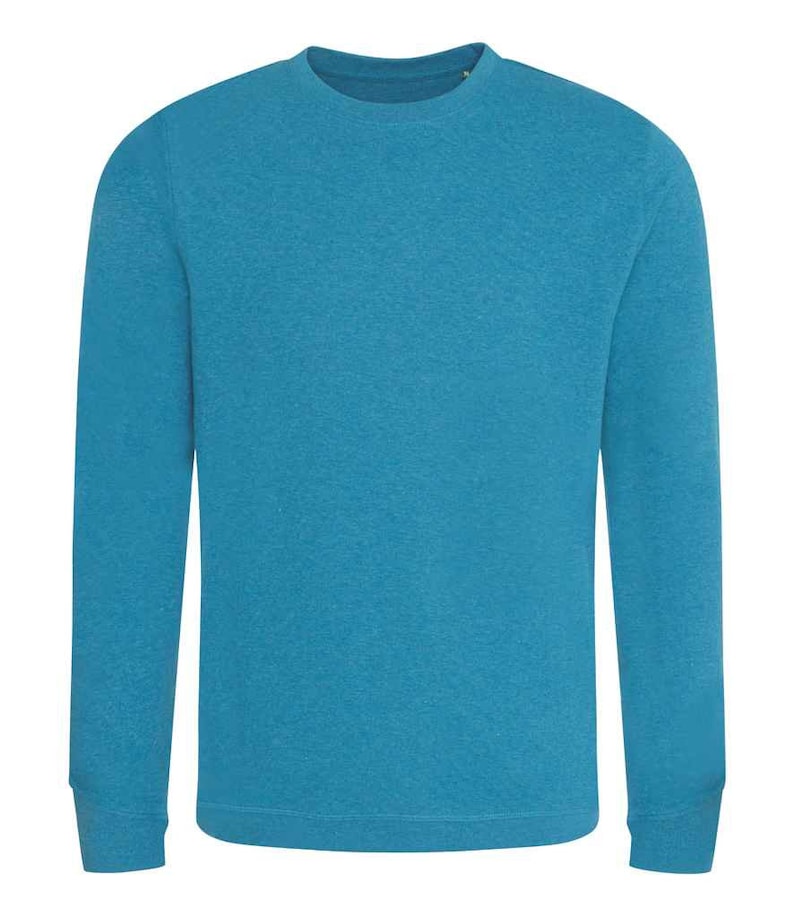 May include: A solid turquoise crew neck sweatshirt with long sleeves. The sweatshirt has a classic, casual design, suitable for everyday wear. The fabric appears to have a slight heathered texture, adding visual interest to the garment.