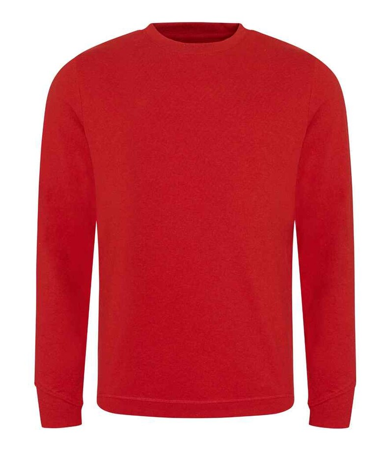 May include: A solid red crew neck sweatshirt with long sleeves. The sweatshirt has a ribbed hem and cuffs. The fabric appears to be a soft, knit material. The overall style is casual and comfortable.