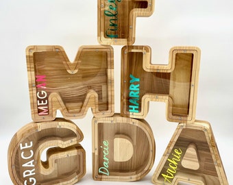 Personalised Wooden Letter Piggy Bank, Money Box: Handmade, Ash Wood Name Medium Size