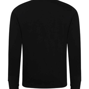 May include: A solid black long-sleeve sweatshirt. The crew neck sweatshirt has long sleeves with ribbed cuffs. The garment is made of a soft, comfortable material.