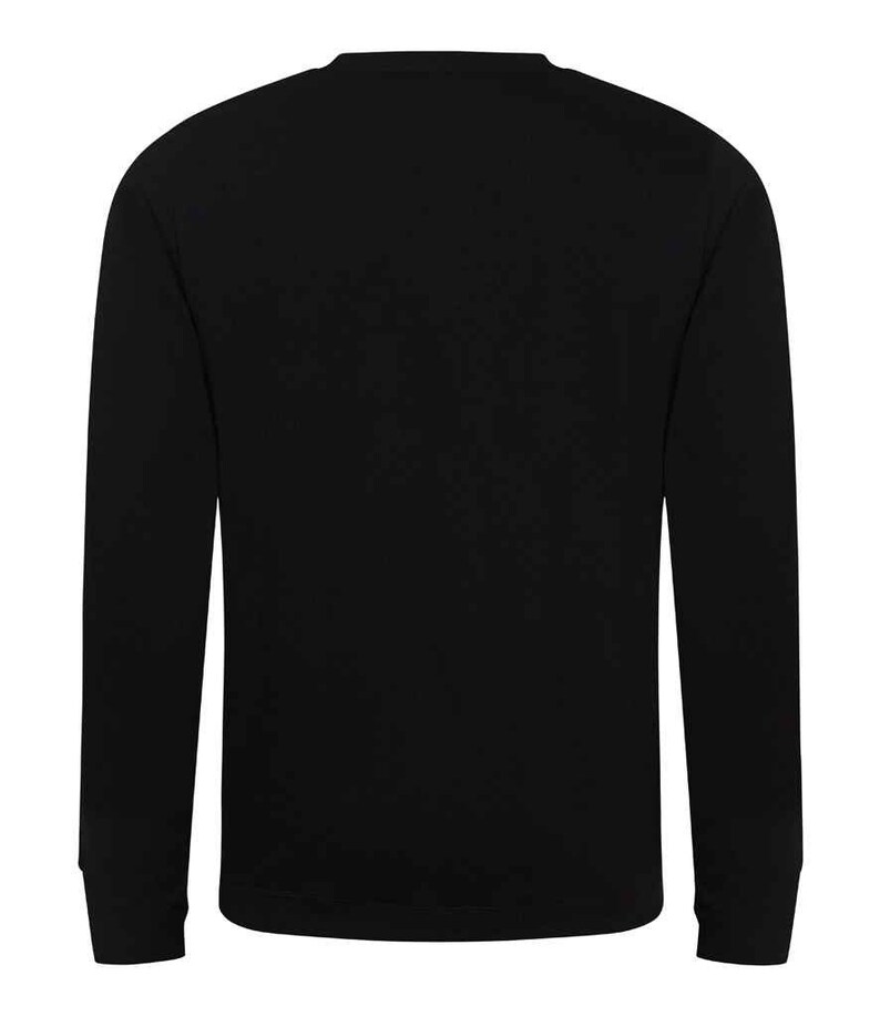 May include: A solid black long-sleeve sweatshirt. The crew neck sweatshirt has long sleeves with ribbed cuffs. The garment is made of a soft, comfortable material.