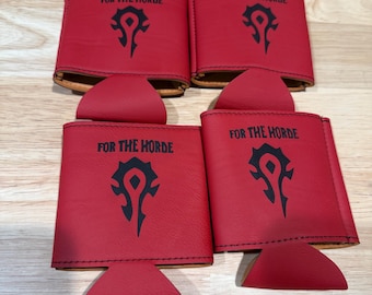 world of Warcraft horde engraved koozies