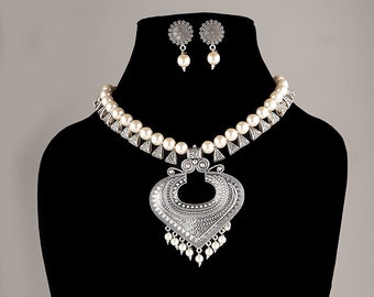 Oxidized Silver Statement Necklace Set: Beaded Tribal Jewelry