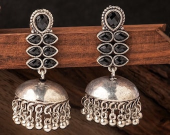 Oxidized Silver Jhumka Earrings: Handmade Indian Ethnic Jewelry