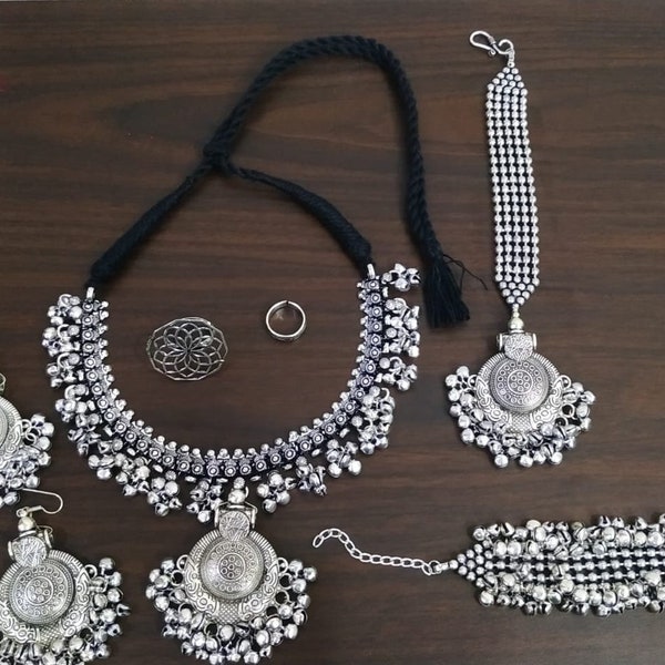 Oxidised Heavy Navratri Full Ghungroo Necklace Set With Maangtikka, Bracelet, Ring And Toe Ring