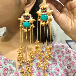 Pacchi Kundan indische Ohrringe: Lange Kette im Kashmiri-Stil, ethnische Fusion
