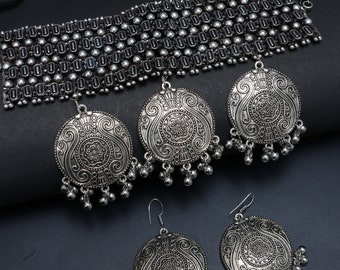Oxidized Broad Choker Necklace Set/ Designer Silver tribal necklace and earring