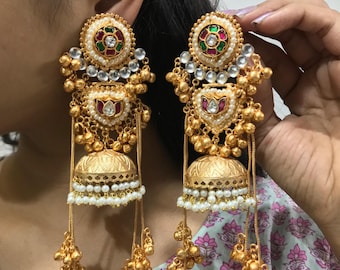 Pacchi Kundan Jhumka Earrings: Ghungroo Bells, Kashmiri Design