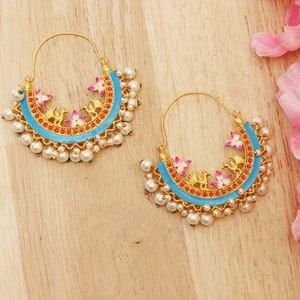 Handmade Meenakari Bali Earrings: Matt Golden Indian Jewelry with Pearls