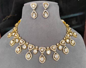 Moissanite Kundan CZ Necklace Set: White Victorian Bollywood Jewelry