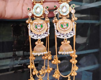 Kundan Jhumki Earrings: Gold Plated Indian Dangler with Pearls