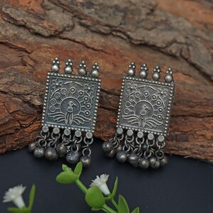 Silver lookalike peacock ghungroo earrings/ Silver Peacock Earrings with Dangling Beads