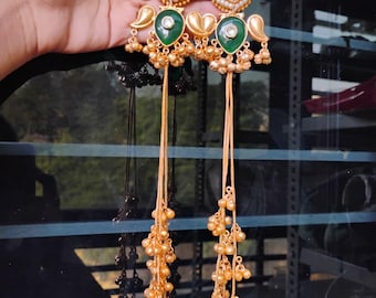Monalisa Stone Kashmiri Long Chain Ghungroo Earrings  -Detailed Pacchi Kundan work