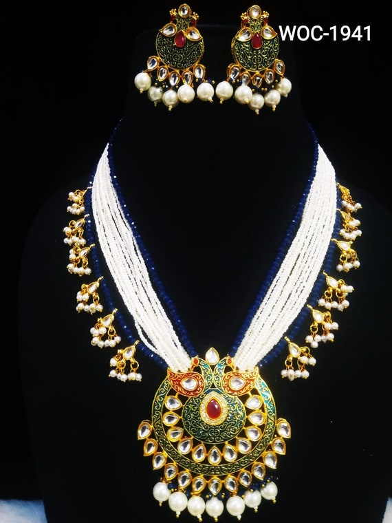 Royal Kundan Meena Jadau Necklace Set With Cheed and Cut Mala
