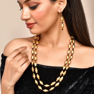Embrace Timeless Elegance With A Classy Golden Dholki Mala Traditional Indian Necklace Set Long Adjustable Necklace With Dangling Earrings