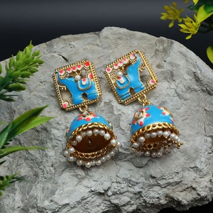 Meenakari elephant golden kundan big jhumka