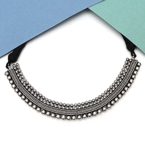 Oxidized Brass Statement Necklace/ Boho Tribal Necklace/ Silver Tone Ethnic Necklace