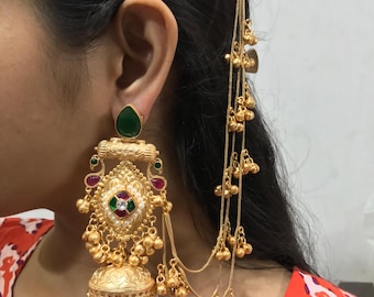 Pacchi Kundan Jhumka Earrings: Peacock Design, Kaan Sahara, Kashmiri Chain
