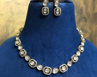 Moissanite Kundan Necklace Set: South Indian Style CZ Jewelry
