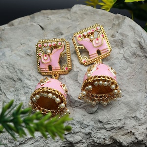 Meenakari elephant golden kundan big jhumka