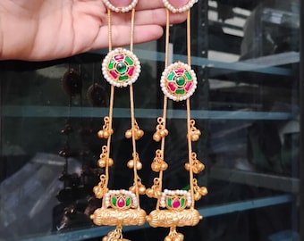 Kundan Jhumka Earrings: Kashmiri Stylelong chain Wedding Jewelry