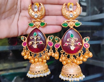 Kundan Chandbali Jhumka Earrings: Kashmiri Peacock Design, Indian Jewelry
