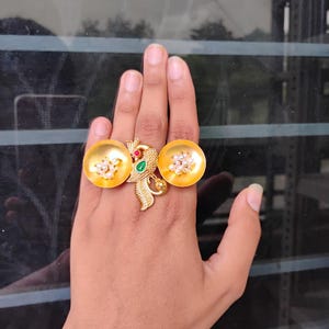 Golden Peacock Kundan Ring: Adjustable Brass Statement Ring Handmade With Intricate Detailing