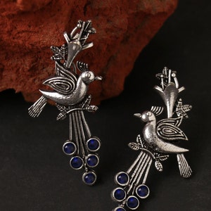 Oxidized stone bird stud earrings / Bollywood Oxidized Earrings/ Statement Stud Earrings/ Silver Tone Bird Earrings With Oxidized Finish