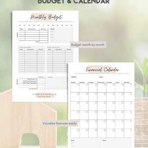 May include: A printable budget and calendar worksheet with a light pink and white color scheme. The worksheet includes sections for monthly budget, fixed expenses, other expenses, income, notes, and a financial calendar.