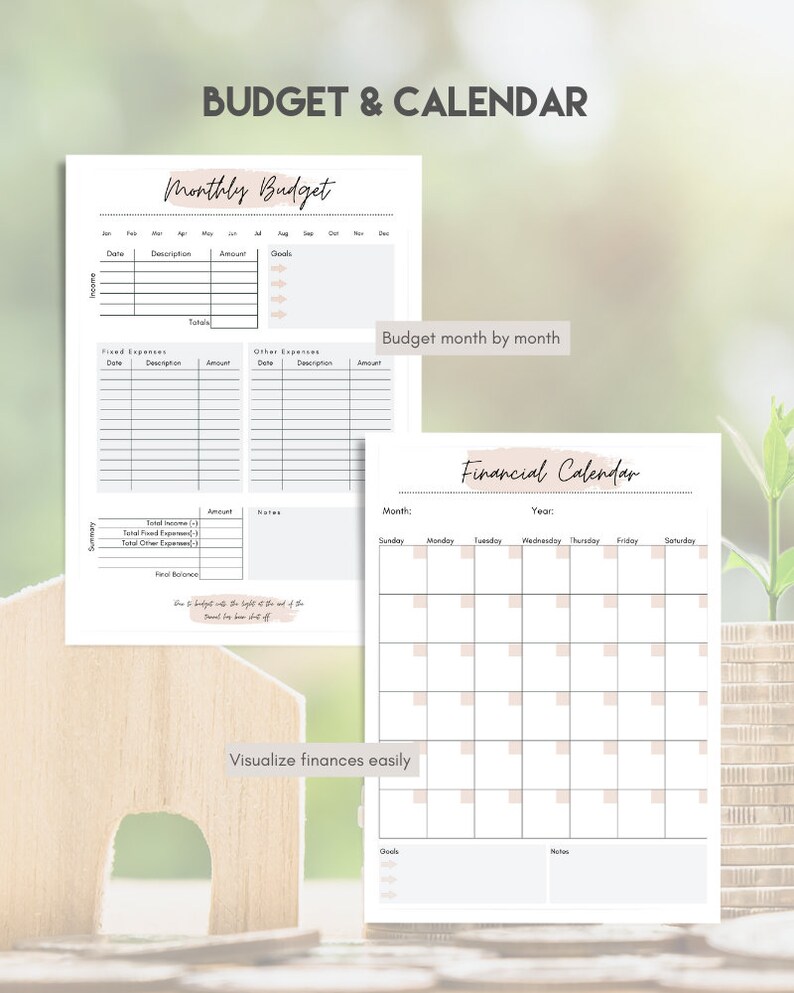 May include: A printable budget and calendar worksheet with a light pink and white color scheme. The worksheet includes sections for monthly budget, fixed expenses, other expenses, income, notes, and a financial calendar.