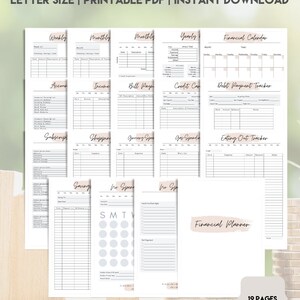 May include: A printable financial planner with 19 pages, including a weekly, monthly, and yearly budget tracker, a bill payment tracker, a credit card tracker, a debt payment tracker, a grocery spending tracker, a gas spending tracker, an eating out tracker, and a savings tracker. The planner also includes a financial calendar and a financial planner page.