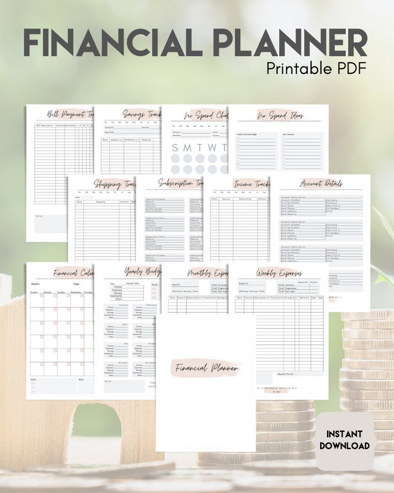 May include: A printable financial planner with pages for tracking bills, savings, spending, income, subscriptions, and expenses. The pages are designed with a simple, minimalist aesthetic and feature a light brown color scheme. The planner is perfect for anyone who wants to take control of their finances and achieve their financial goals.