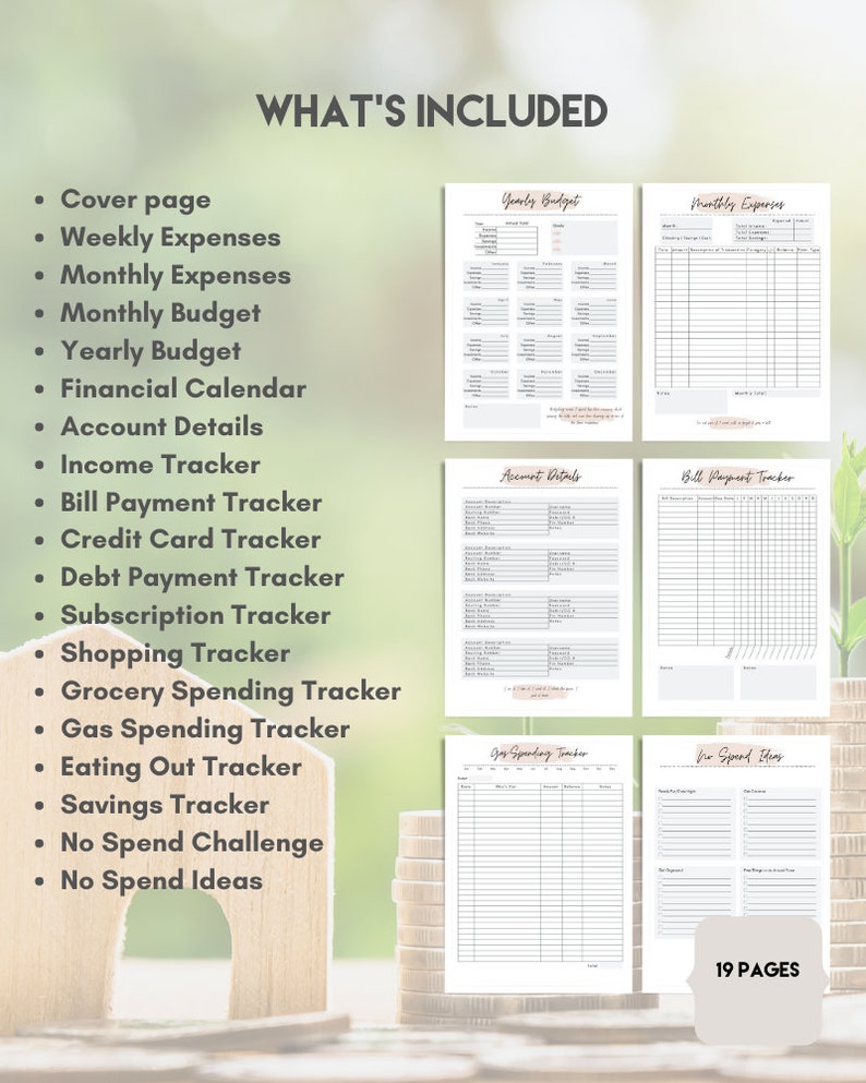 May include: A printable budget planner with 19 pages, including a cover page, weekly and monthly expense trackers, and a yearly budget. The planner also includes trackers for income, bill payments, credit cards, debt, subscriptions, shopping, groceries, gas, eating out, and savings. There are also pages for a no-spend challenge and no-spend ideas.