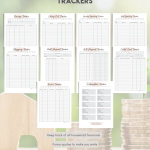 May include: A set of printable financial trackers for budgeting and managing personal finances. The trackers include categories for savings, eating out, grocery spending, shopping, debt payments, bill payments, credit cards, income, and subscriptions. The trackers are designed to help people keep track of their household finances.