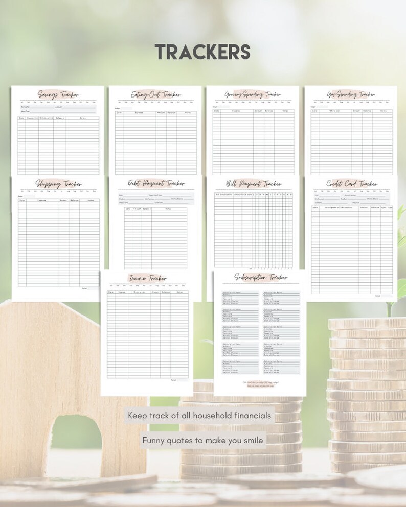 May include: A set of printable financial trackers for budgeting and managing personal finances. The trackers include categories for savings, eating out, grocery spending, shopping, debt payments, bill payments, credit cards, income, and subscriptions. The trackers are designed to help people keep track of their household finances.
