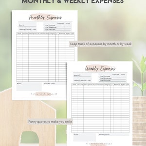 May include: A printable budget tracker with sections for monthly and weekly expenses. The tracker includes sections for income, expenses, savings, and notes. The text "Keep track of expenses by month or by week" is included on the page.
