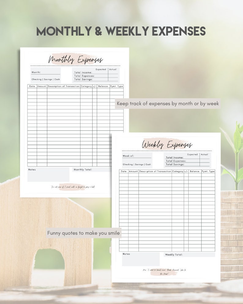 May include: A printable budget tracker with sections for monthly and weekly expenses. The tracker includes sections for income, expenses, savings, and notes. The text "Keep track of expenses by month or by week" is included on the page.