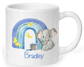 Personalised Unbreakable Children's Mug: Elephant & Blue Rainbow