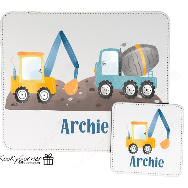 Children's Construction Vehicle Personalised Placemat, Children's Placemat and Coaster Set also Available.