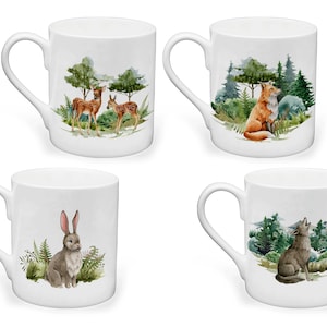 Woodland Animals Bone China Mug Set: Fox, Wolf, Deer, Rabbit
